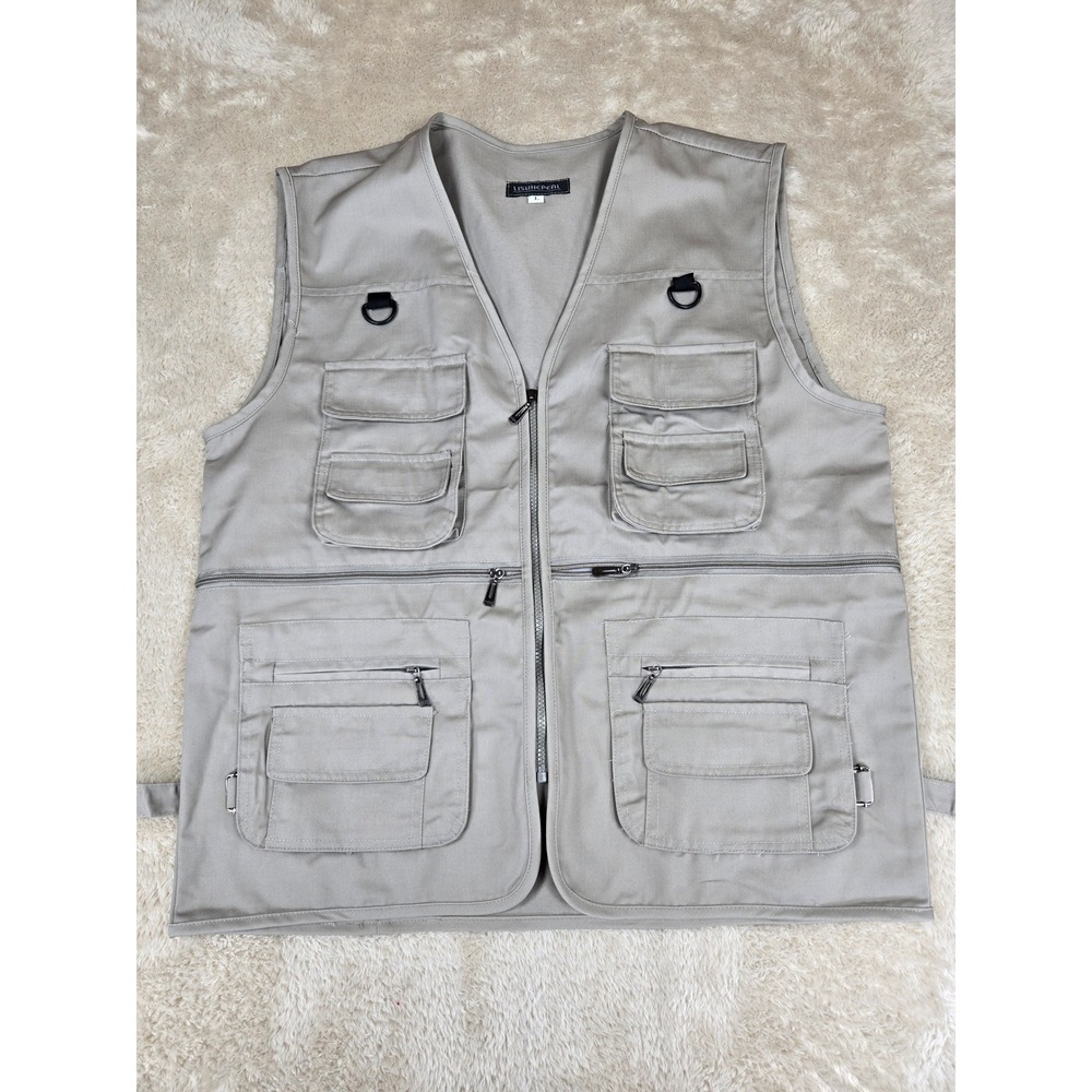 LISUHEPEAL Mens Utility Vest Pockets Zip Work‎ Fishing Hiking Travel Tan Large L